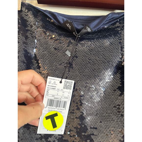 Mango MNG Sequin Mini Skirt Navy Blue Size Small NWT Mid Rise Side Zip - Picture 6 of 6